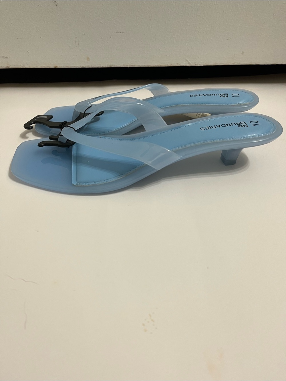 No Boundaries Light Blue Kitten Heel Thong Sandals with Clear Straps